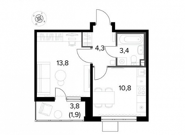 Квартира 1-комн., 32.3 м²
